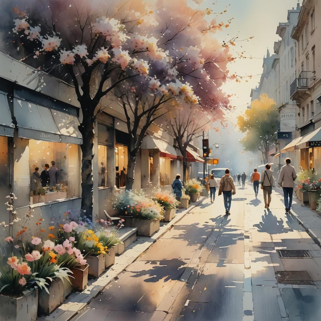 Floral Cityscape in Watercolor Style