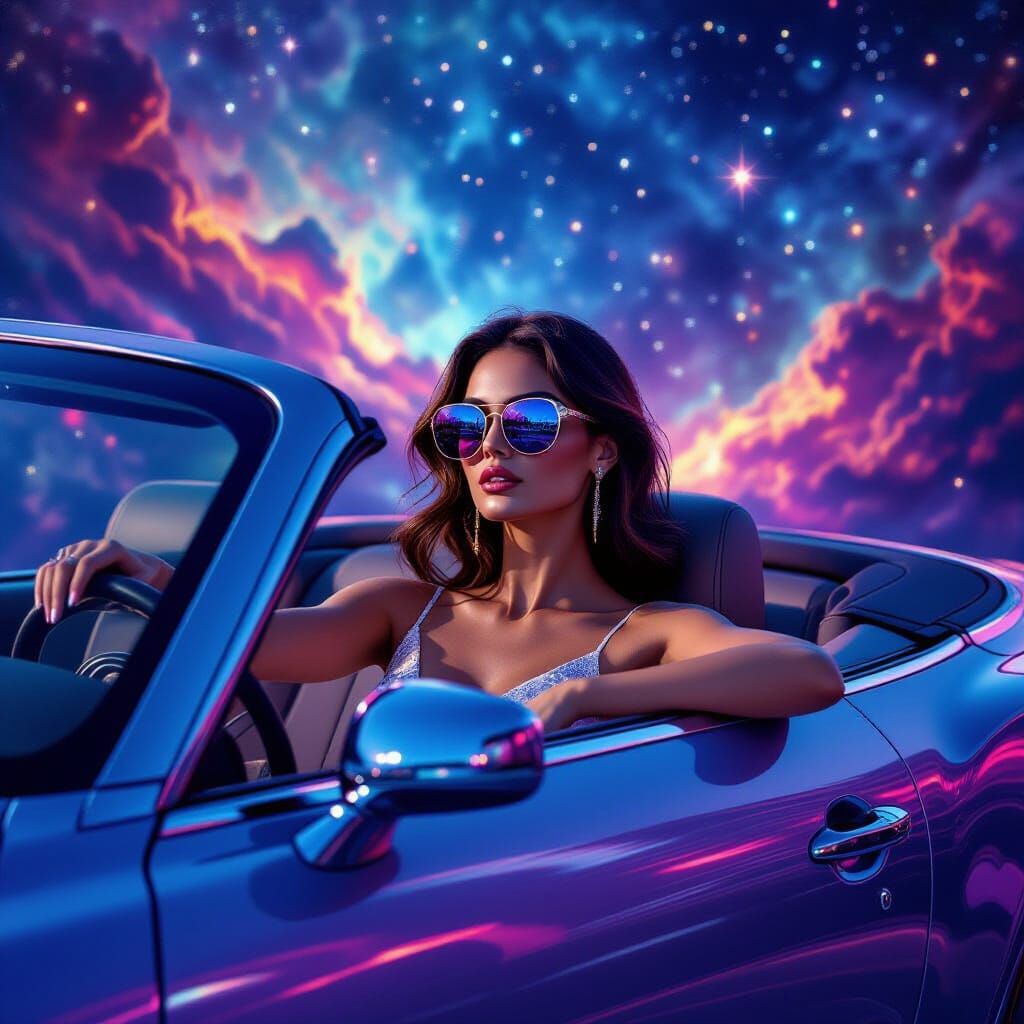 Woman in Luxury Convertible, Cosmic Astral Illustration