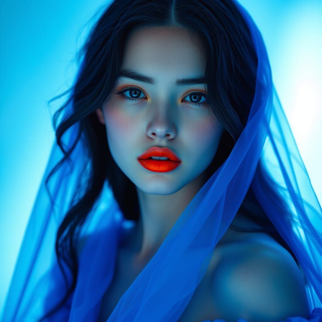 Ethereal Woman in Blue with Neon Lips
