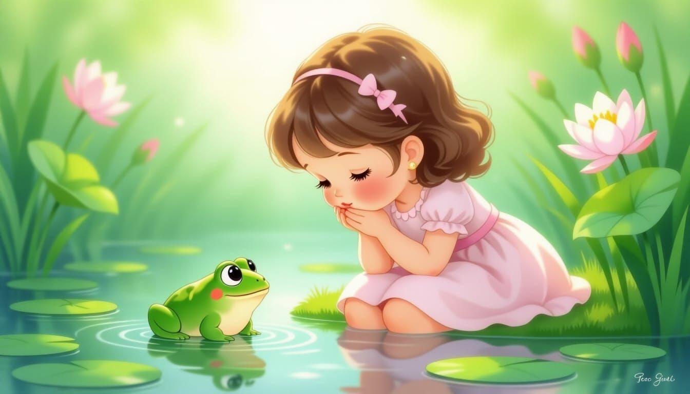 Sweet Girl Kisses Frog in Precious Moments Style