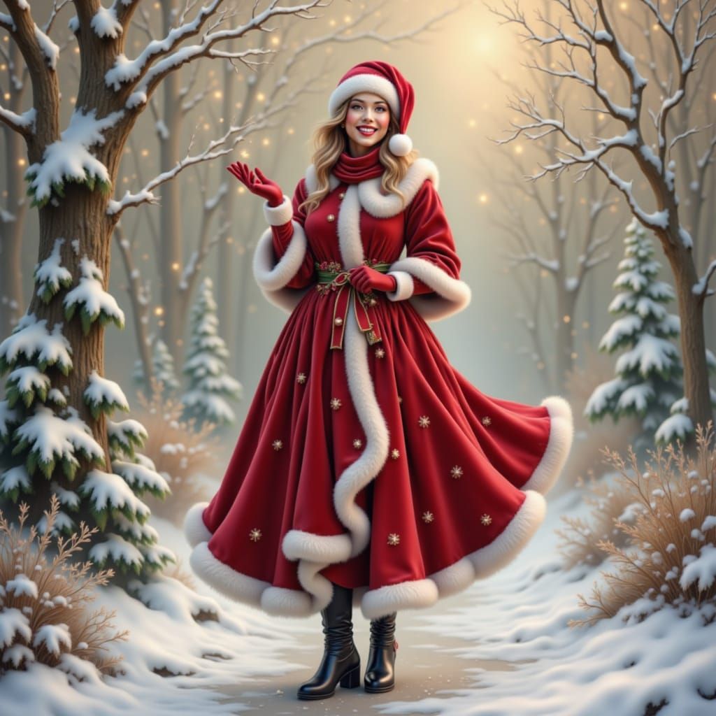 Smiling Woman in Snowy Garden, Festive Pastel Christmas Scen...