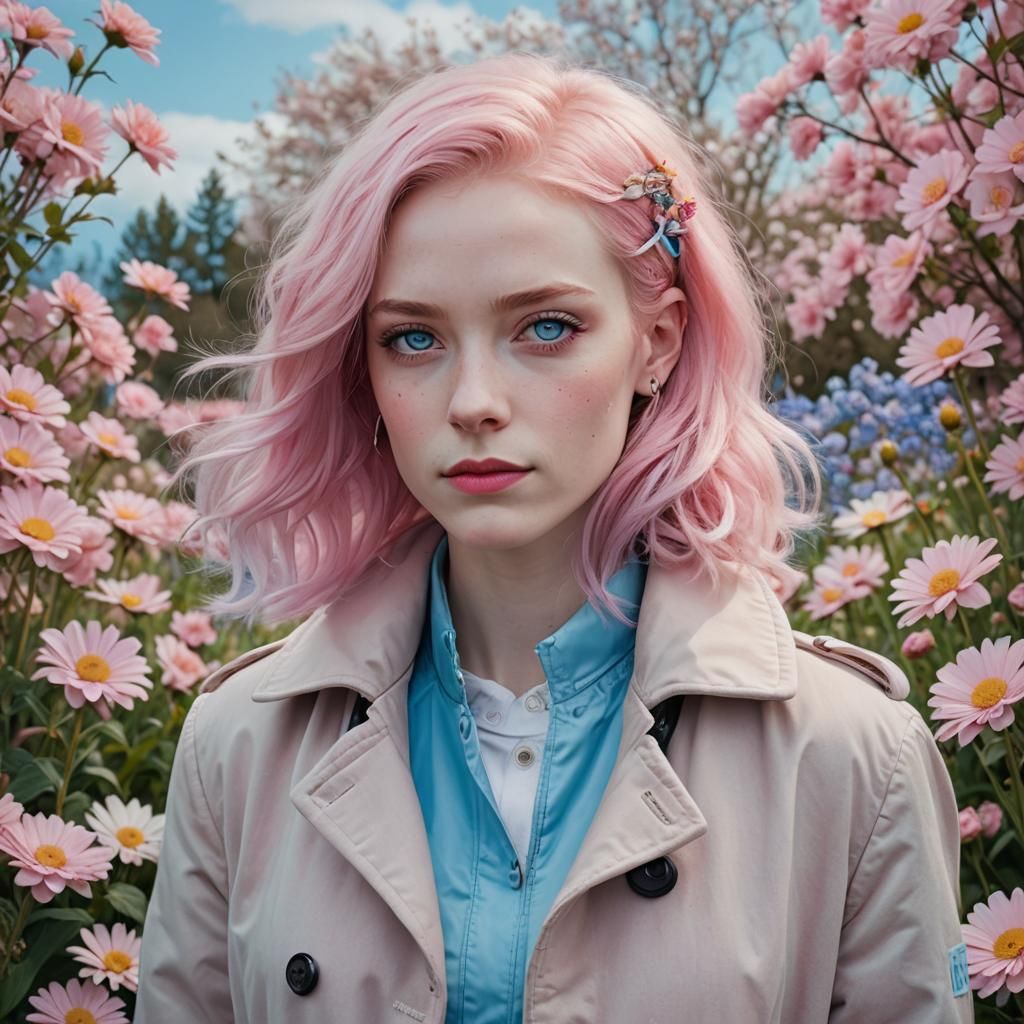 Confident Woman with Trans Flag Coat in Flower Field