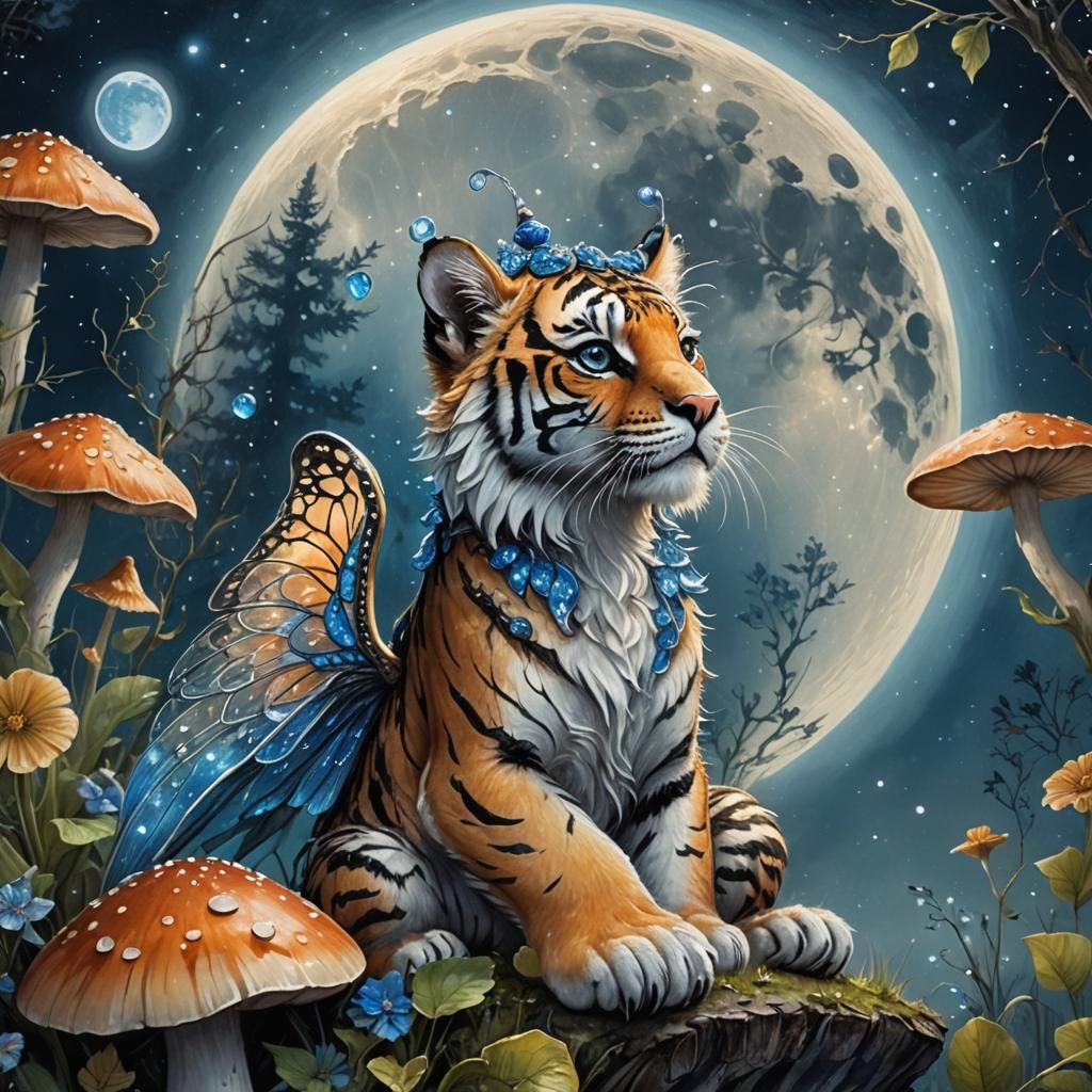 Fairy Tiger Gazing at Blue Moon: Whimsical Illustration