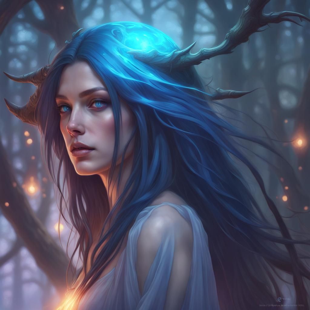 Ethereal Witch in Bioluminescent Forest Concept Art