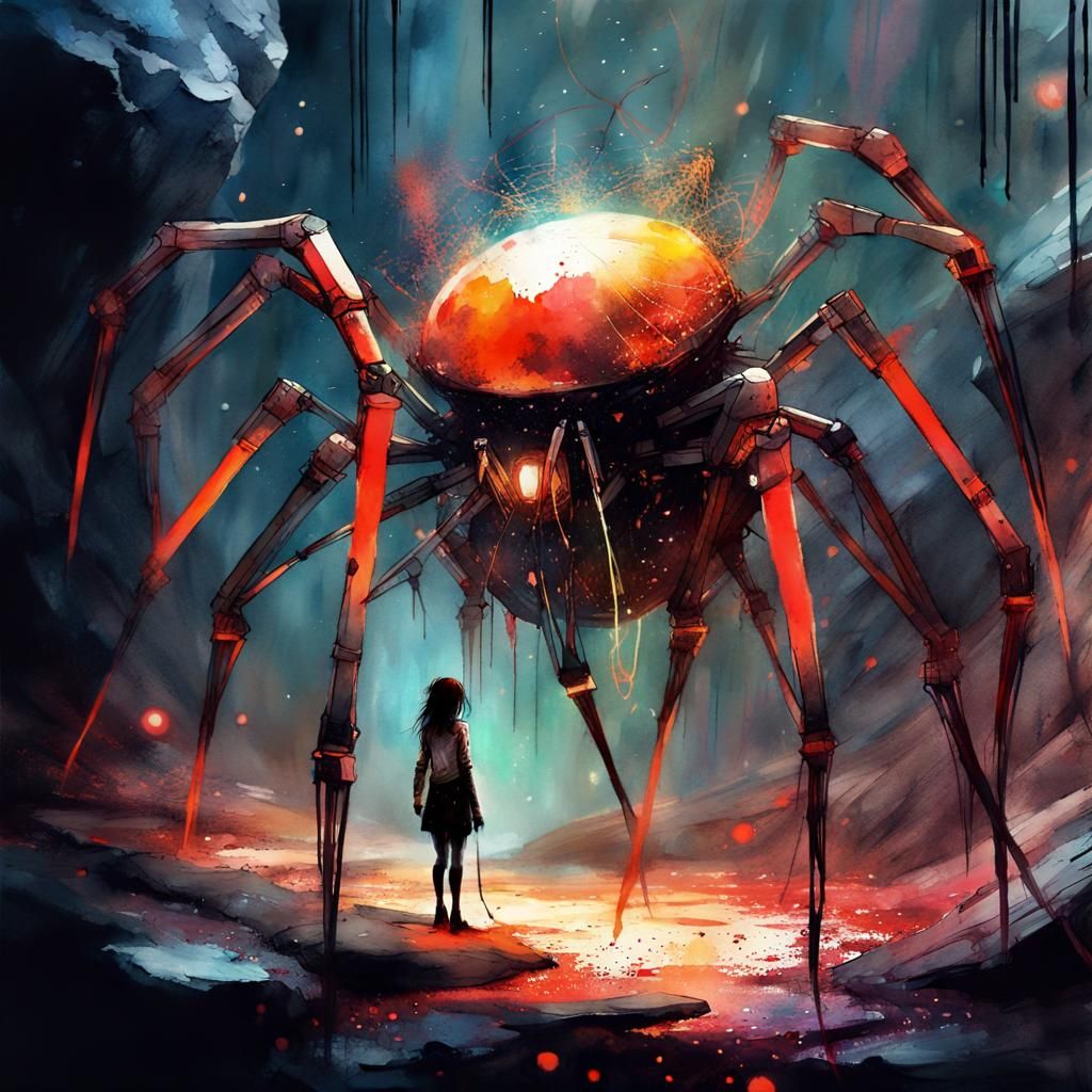 Eerie Spider Robot in Digital Watercolor