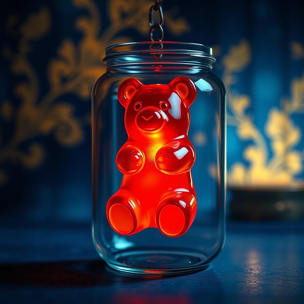 Glowing Gummy Bear in Jar: Neo Noir Digital Art