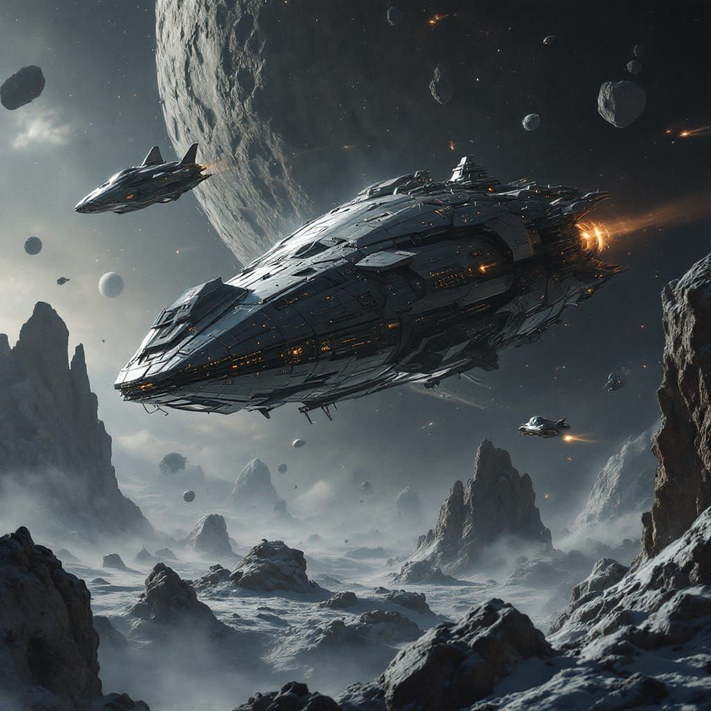 Spacecraft Attack in Asteroid Belt, Cinematic Film Still