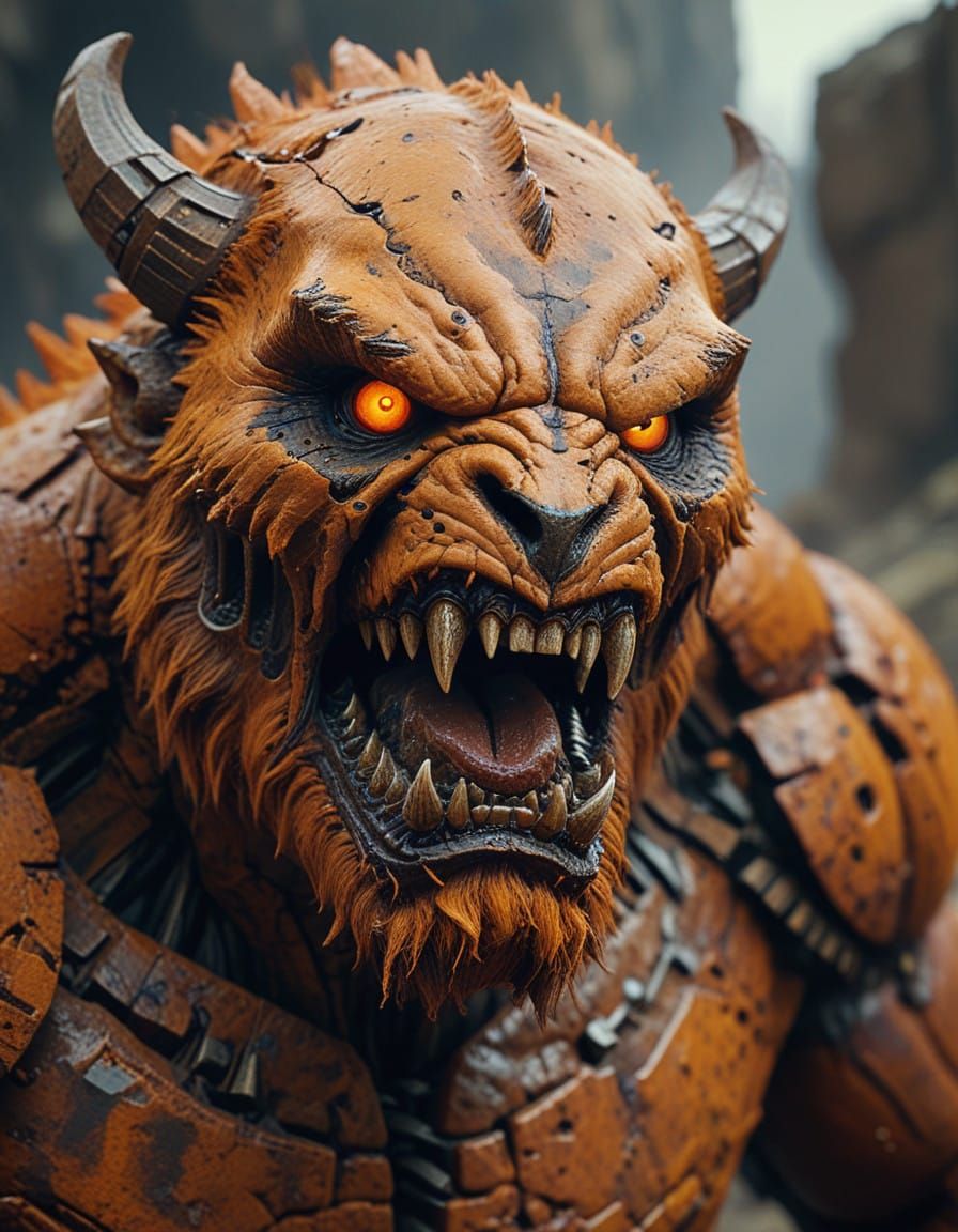 Cyberpunk Beast in Sepia-Toned Tundra Landscape