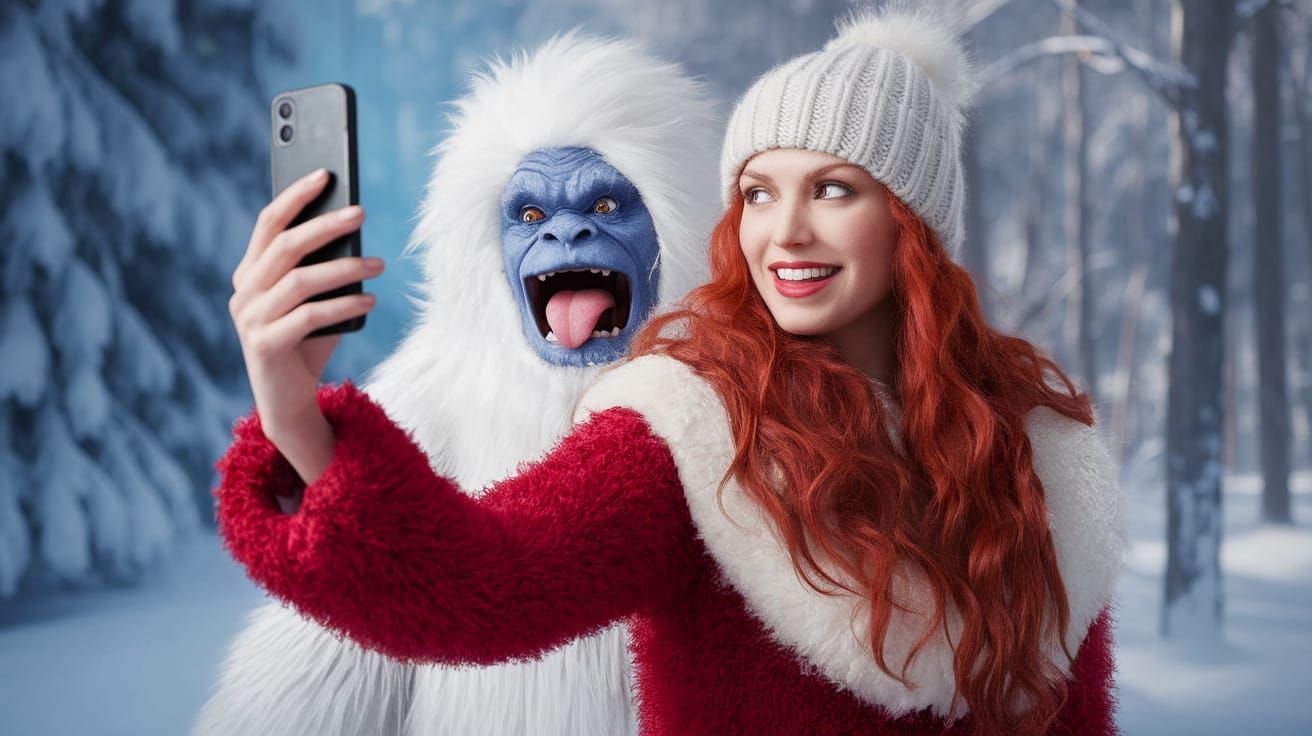 Joyful Red Haired Queen Surprised by Mischievous Yeti in Sno...