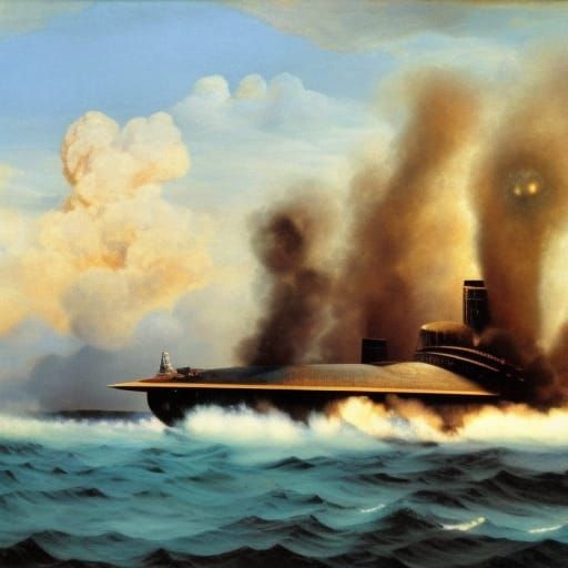 Ancient Greek Nuclear Submarine Underwater, Detailed 3D Rend...