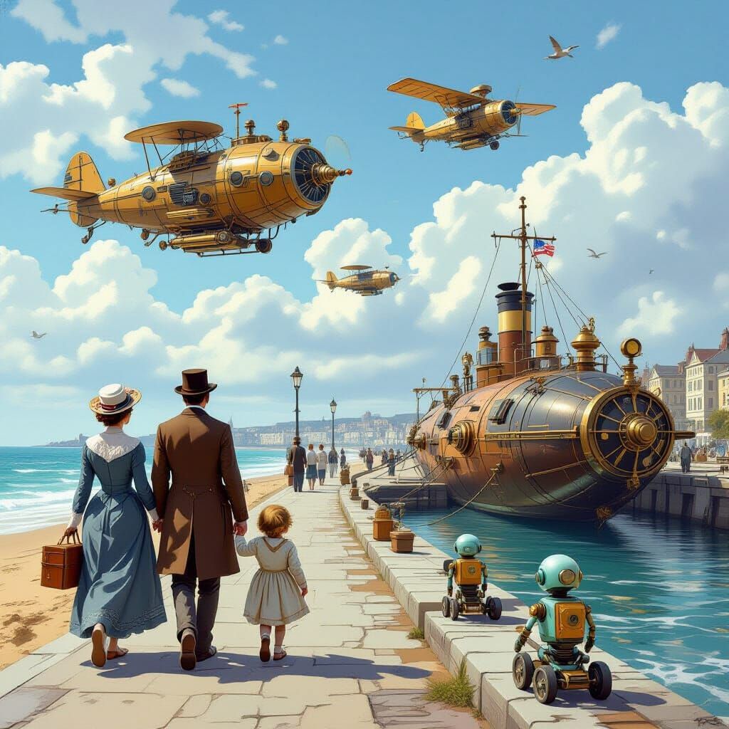 Victorian Family Beach Stroll with Steampunk Machines