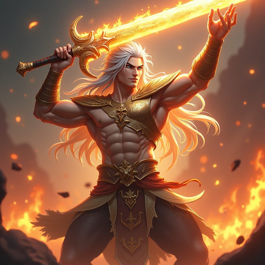 Majestic Warrior Emerges from Ashes in 3D Anime Style