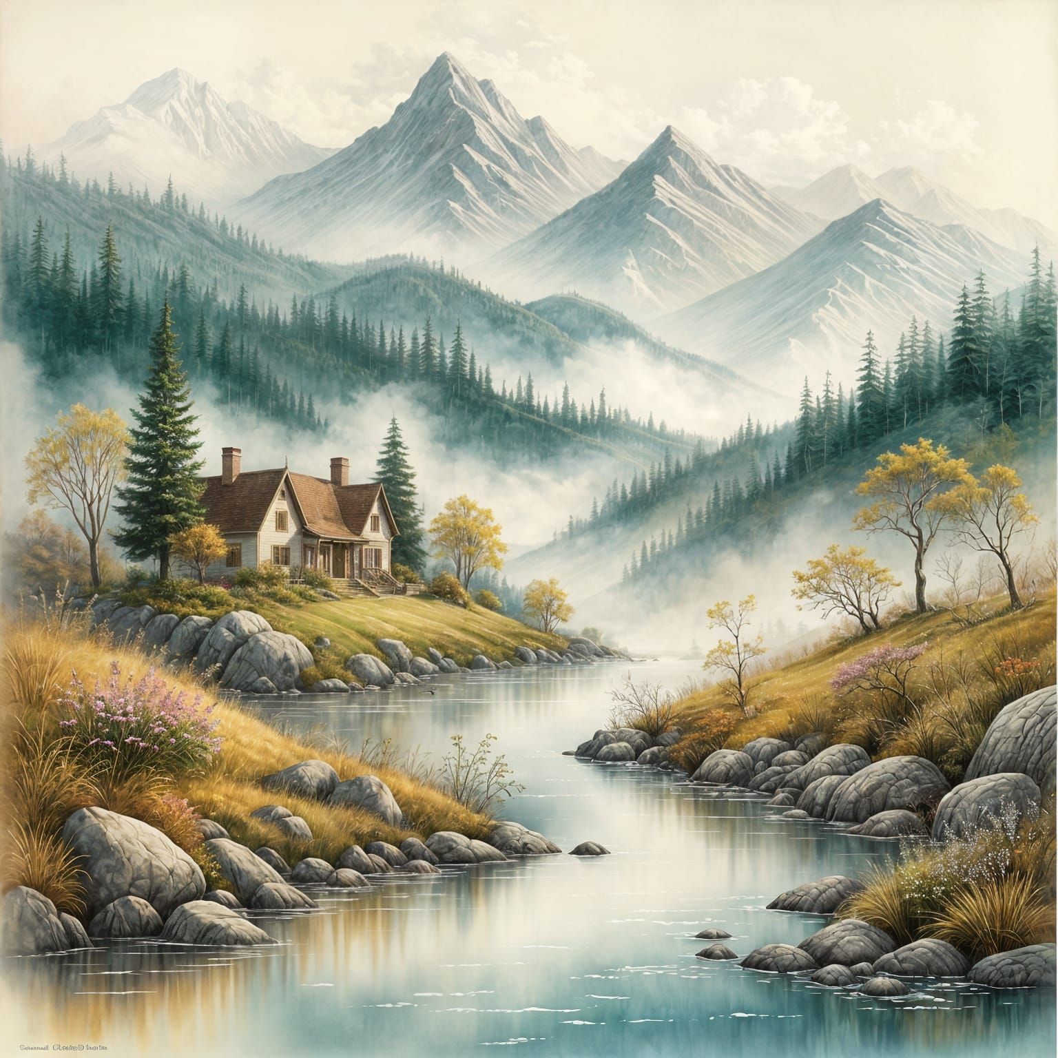 Serene Misty Mountains and River Landscape in Art Deco Water...