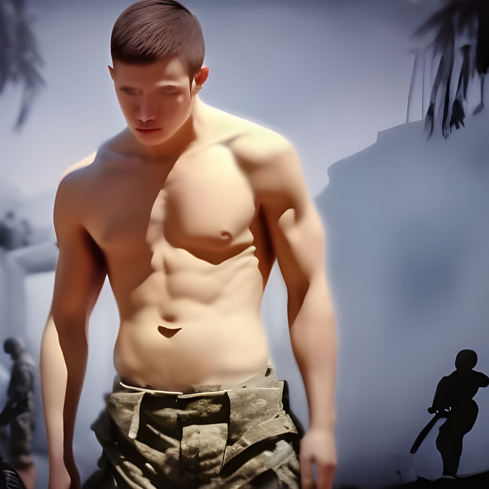 Dramatic Digital Painting of Shirtless Boy Soldiers