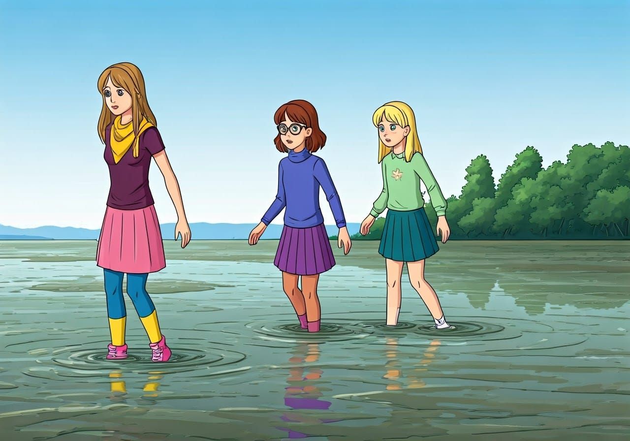 Girls Wading Through Mud at Low Tide Harbor