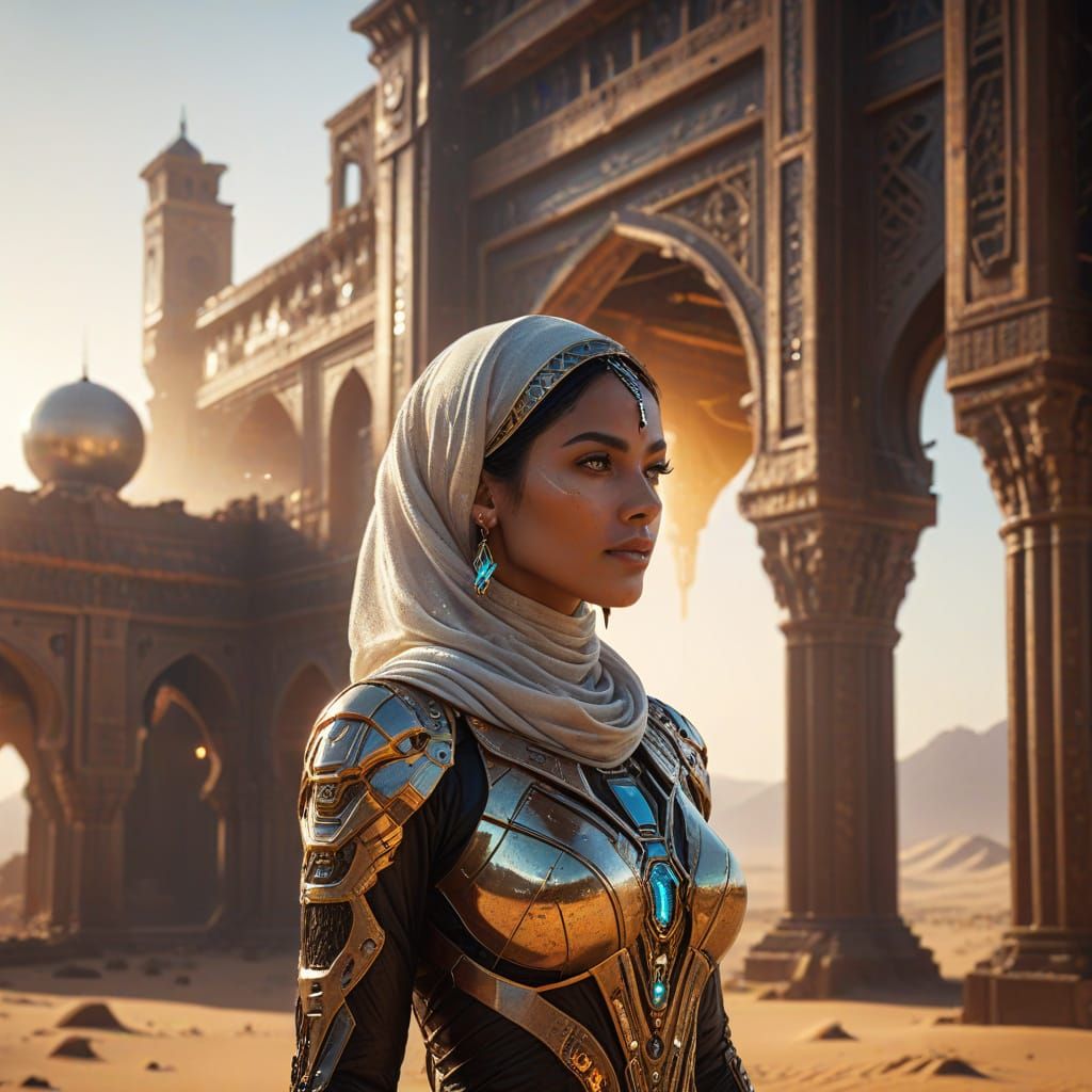 Futuristic Emirati Woman in Desert Ruins