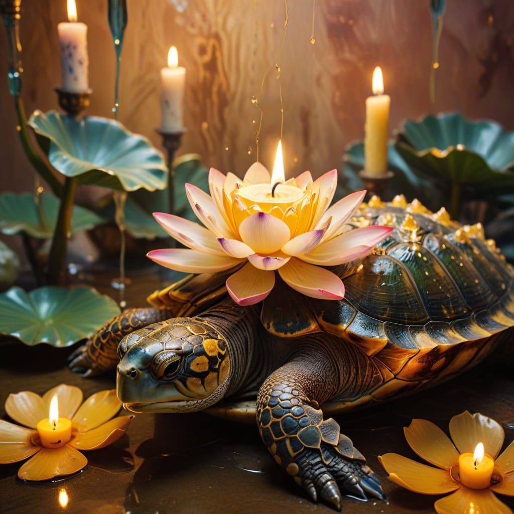 Surreal Lotus Blooms Above a Turtle's Palm in Warm, Golden L...