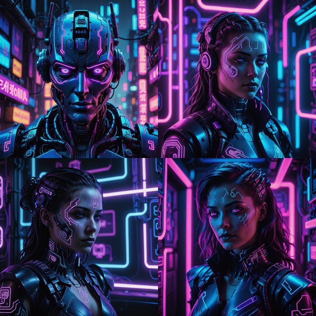 Cyberpunk AI Robot's Existential Crisis: 1980s Blacklight Ar...