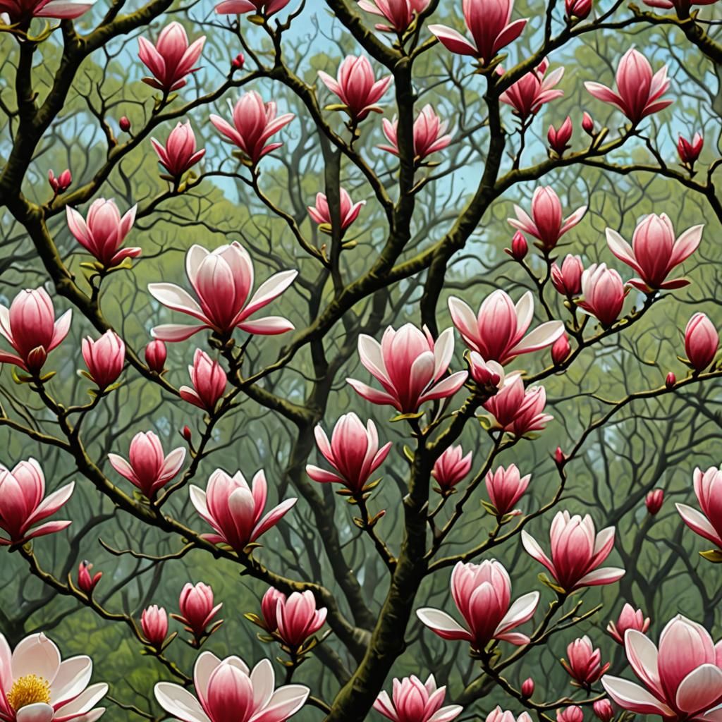 Red Magnolia in Peach Forest