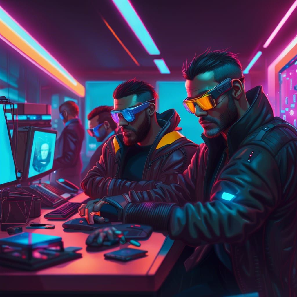 Cyberpunk IT Team in Neon Eyewear Shop