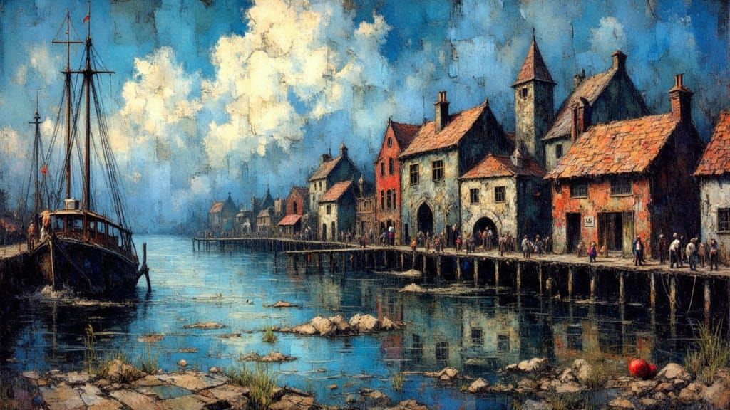 Tolkienesque Harbor Town in Frazetta Style