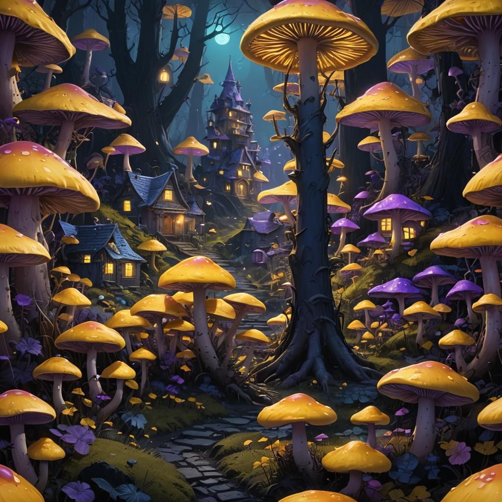 Eerie Fluorescent Mushroom Village at Night