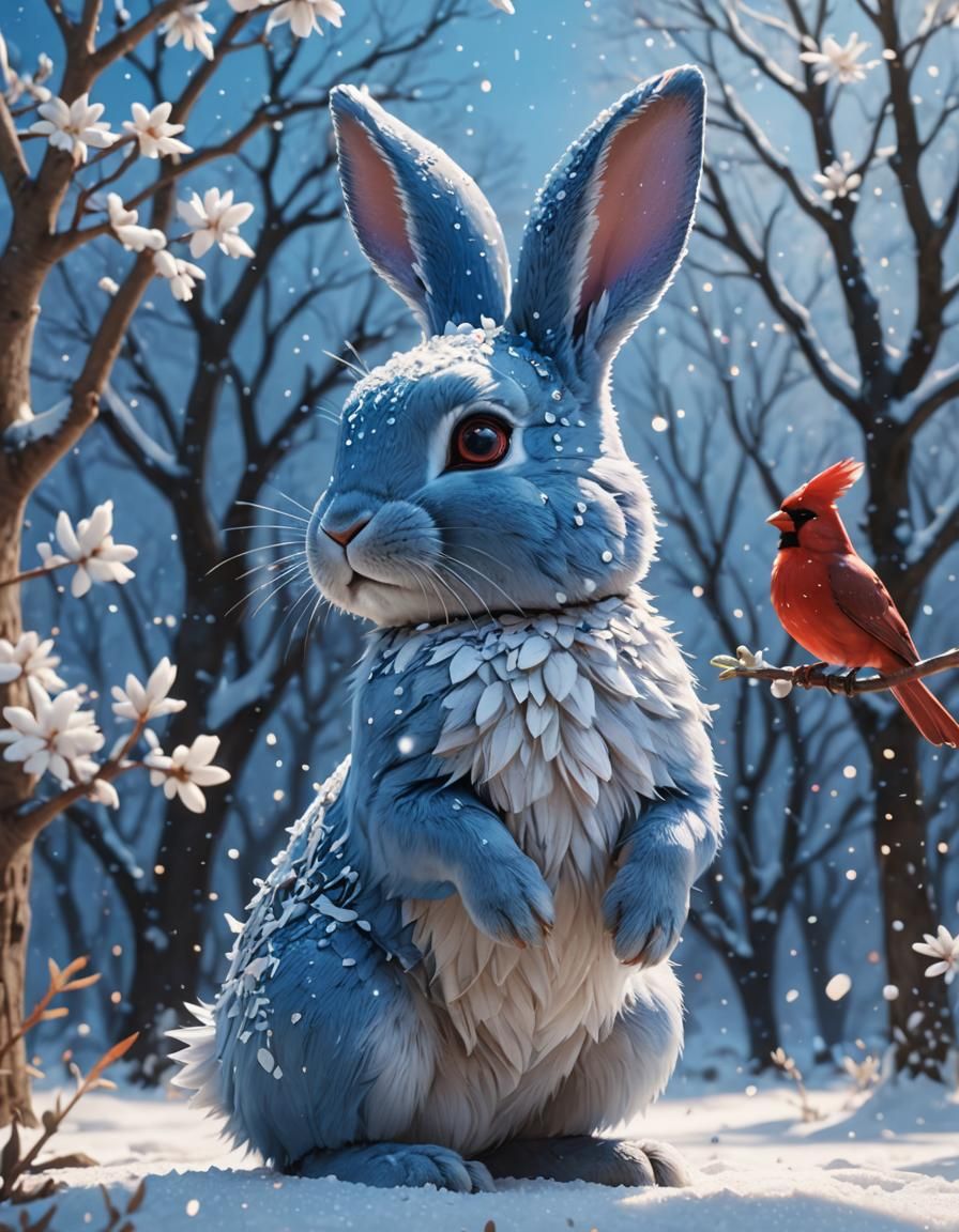 Blue Bunny and Cardinal in Anime Style