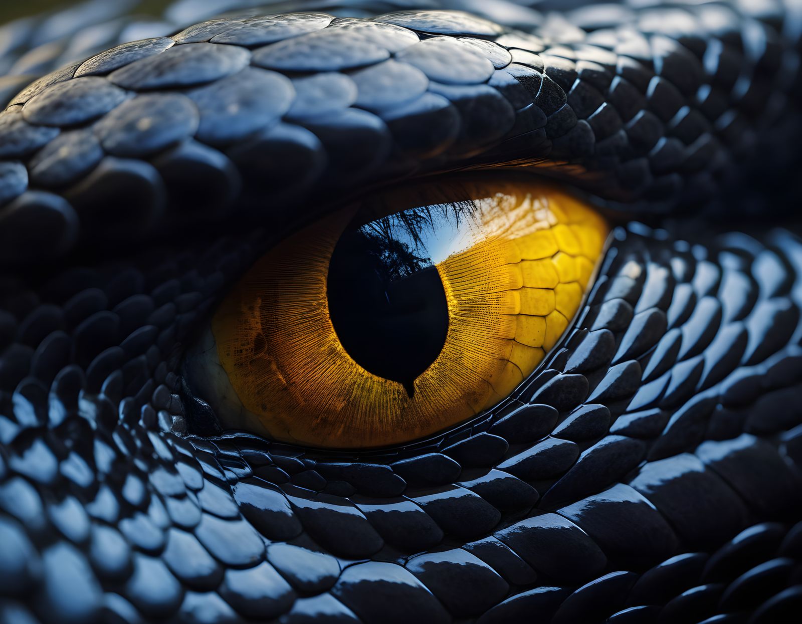 Intricate Yellow Eye of a Black Snake at Night