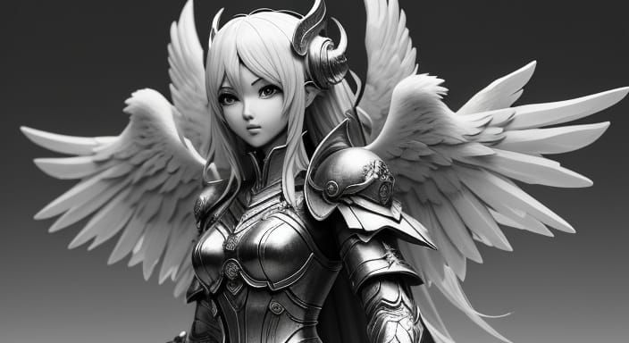 Angel and Trolls in Black and White Anime Art