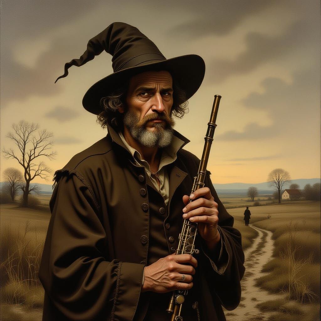 Pied Piper in Desolate Landscape, Hyperrealistic Painting