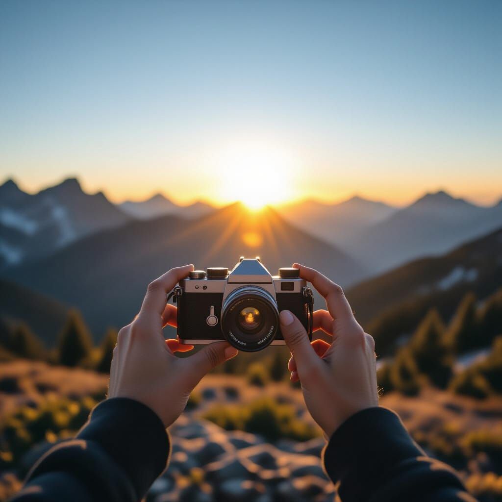 Hands Hold Camera Observing Mountain Sunrise