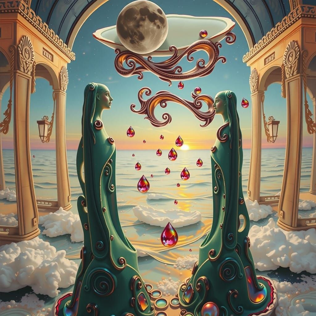 Surreal Hyperrealistic Moon Shelf in a Ceramic Sea, Glowing....