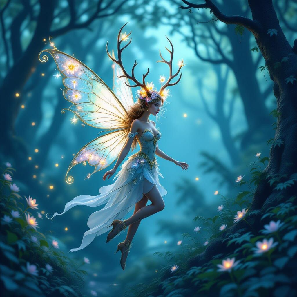 Enchanted Fairy with Glowing Flowers in Twilight Forest
