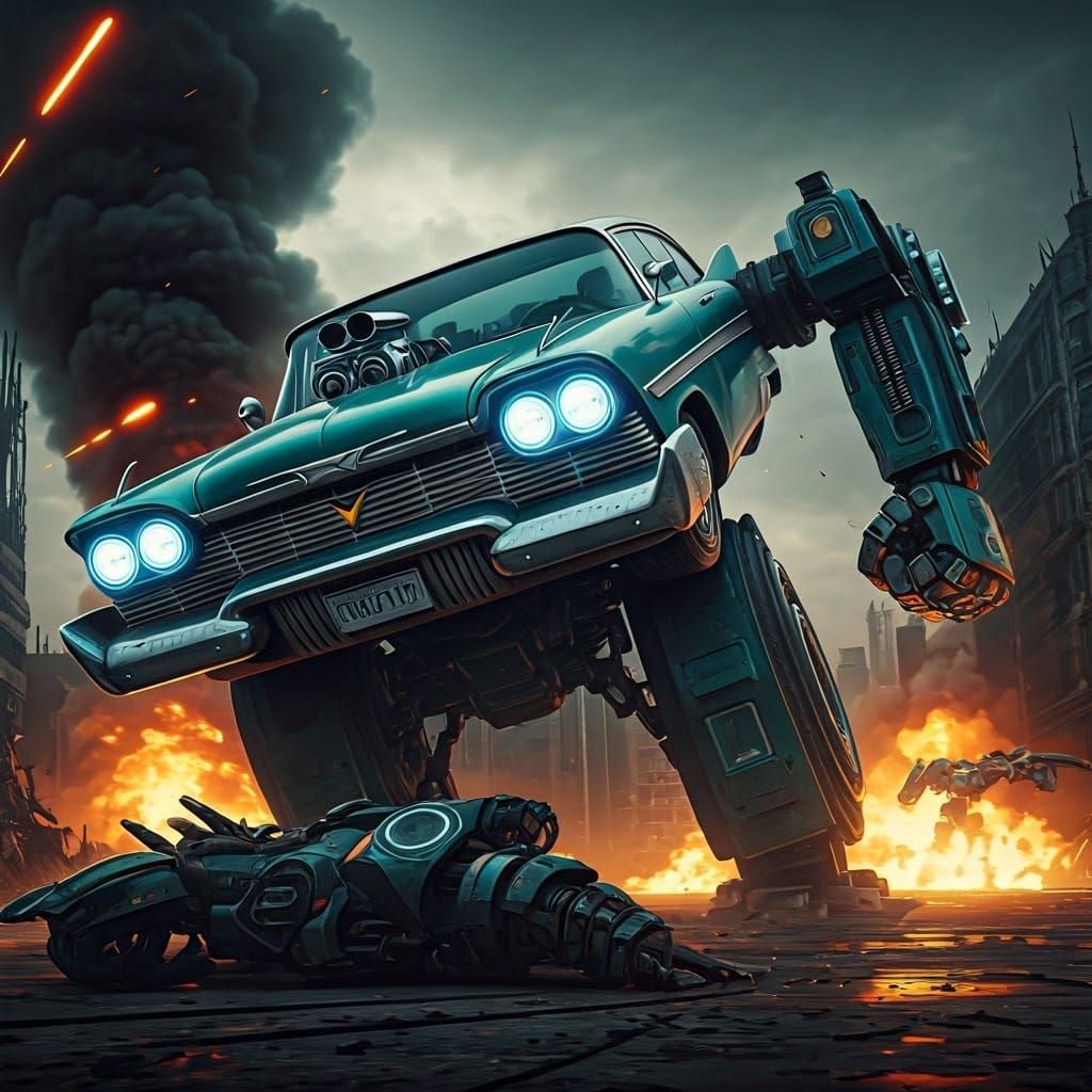 a giant towering mecha made from a 1958 plymouth fury muscle car, classic car mecha fighting robot, punching a mecha in ...