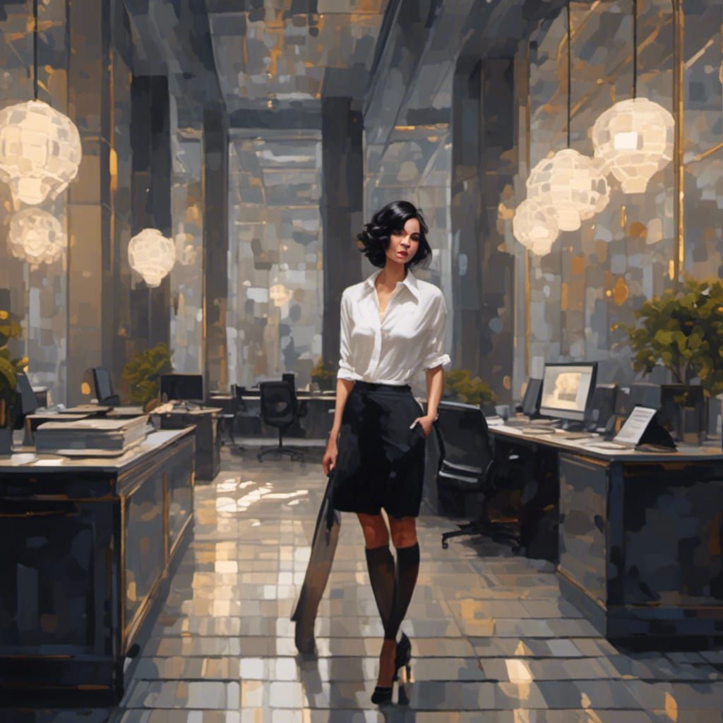 Woman in Office Lobby with Hyperreal Detail