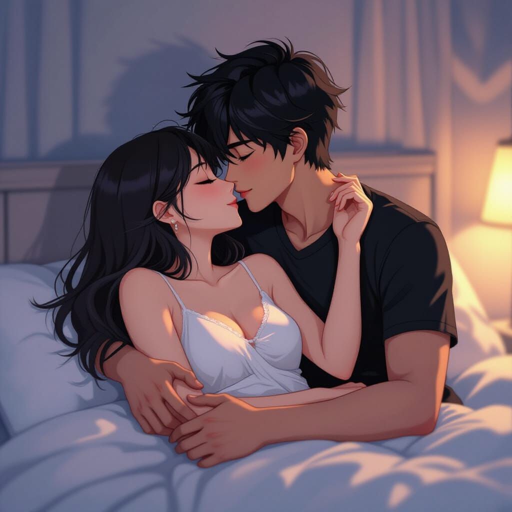 Romantic Anime Kiss in Bed: Cel-Shaded Digital Art