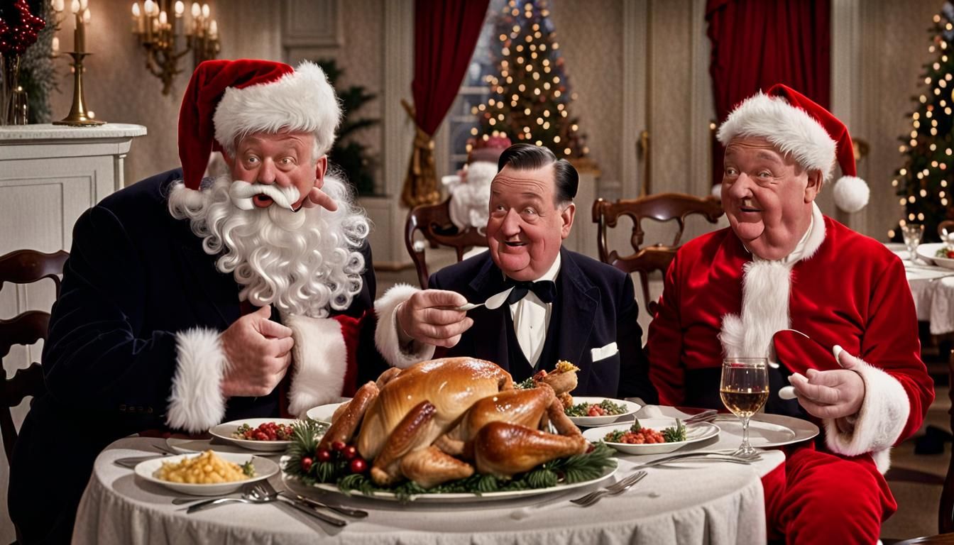 Laurel and Hardy and Santa at Christmas Feast