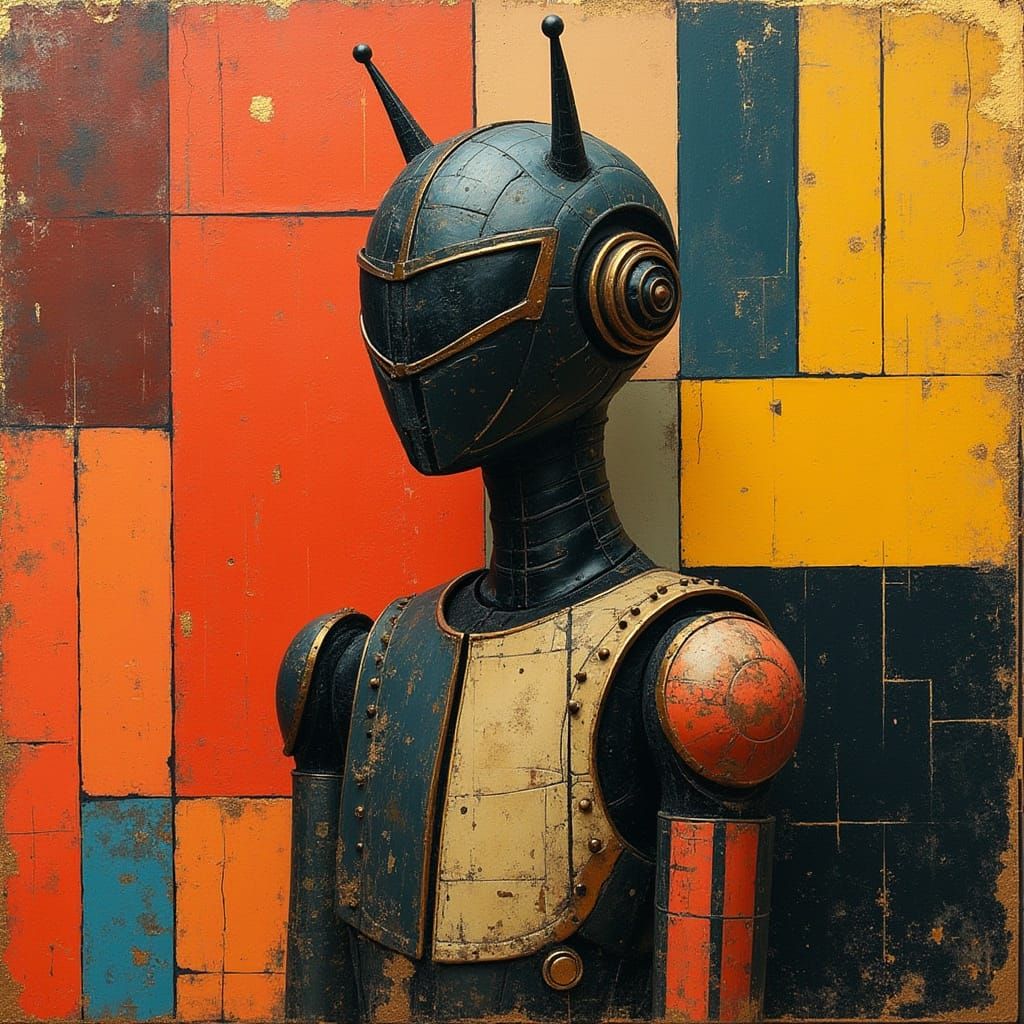 Android Posing with Geometric Wall in Cubist Style