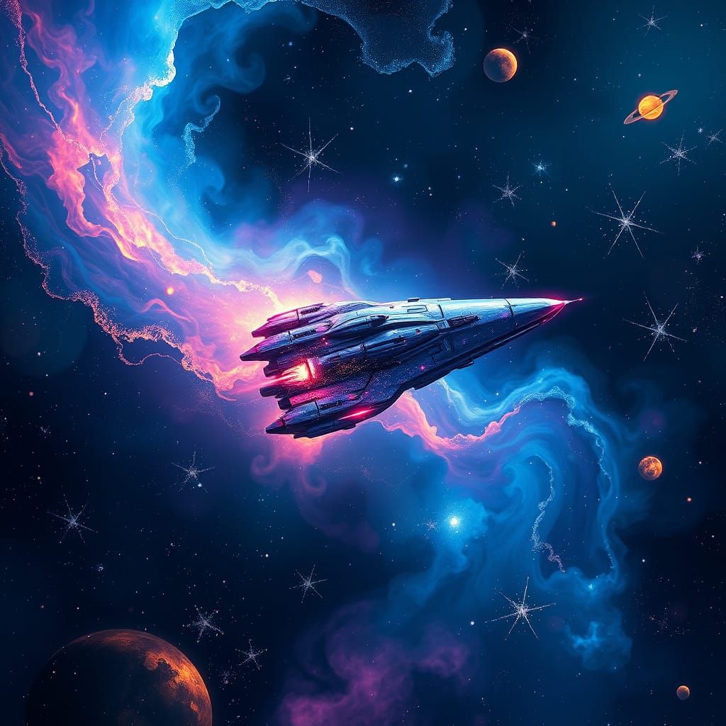 Ethereal Nebulae and Majestic Spaceship in Cosmic Dreamscape