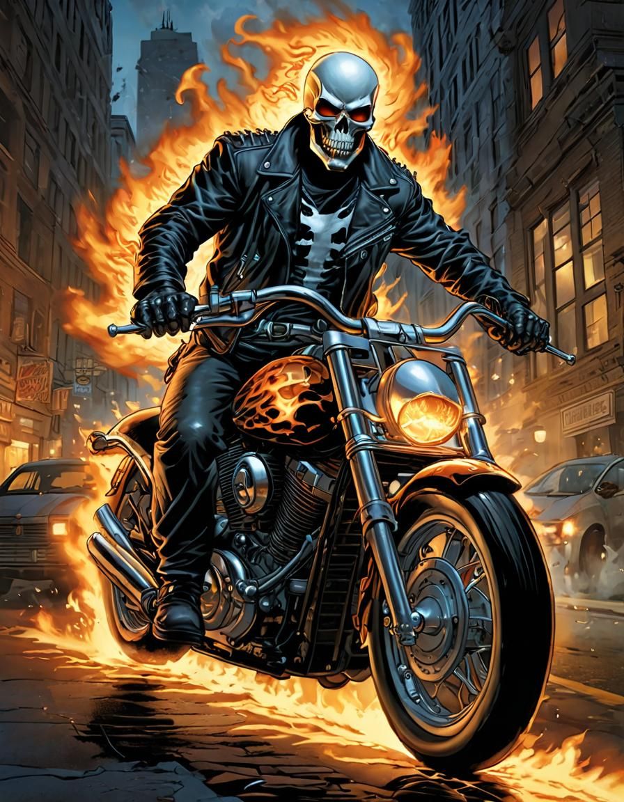 Ghost Rider on Flaming Motorcycle Comic Art