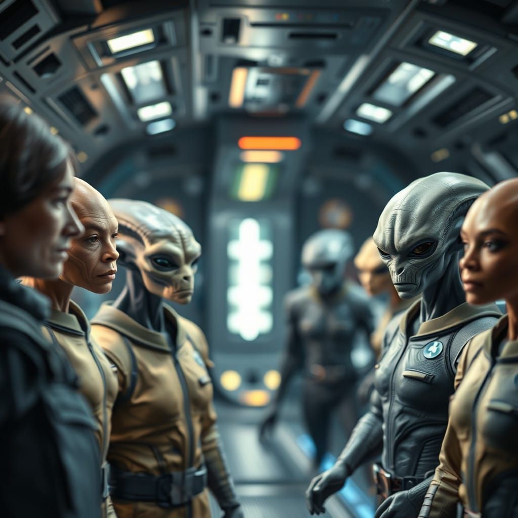 Extraterrestrial Crew Members in Futuristic Space Station