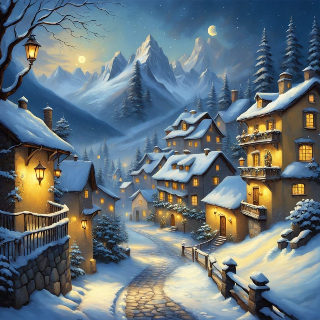 Snowy Alpine Village Aglow with Lantern Light