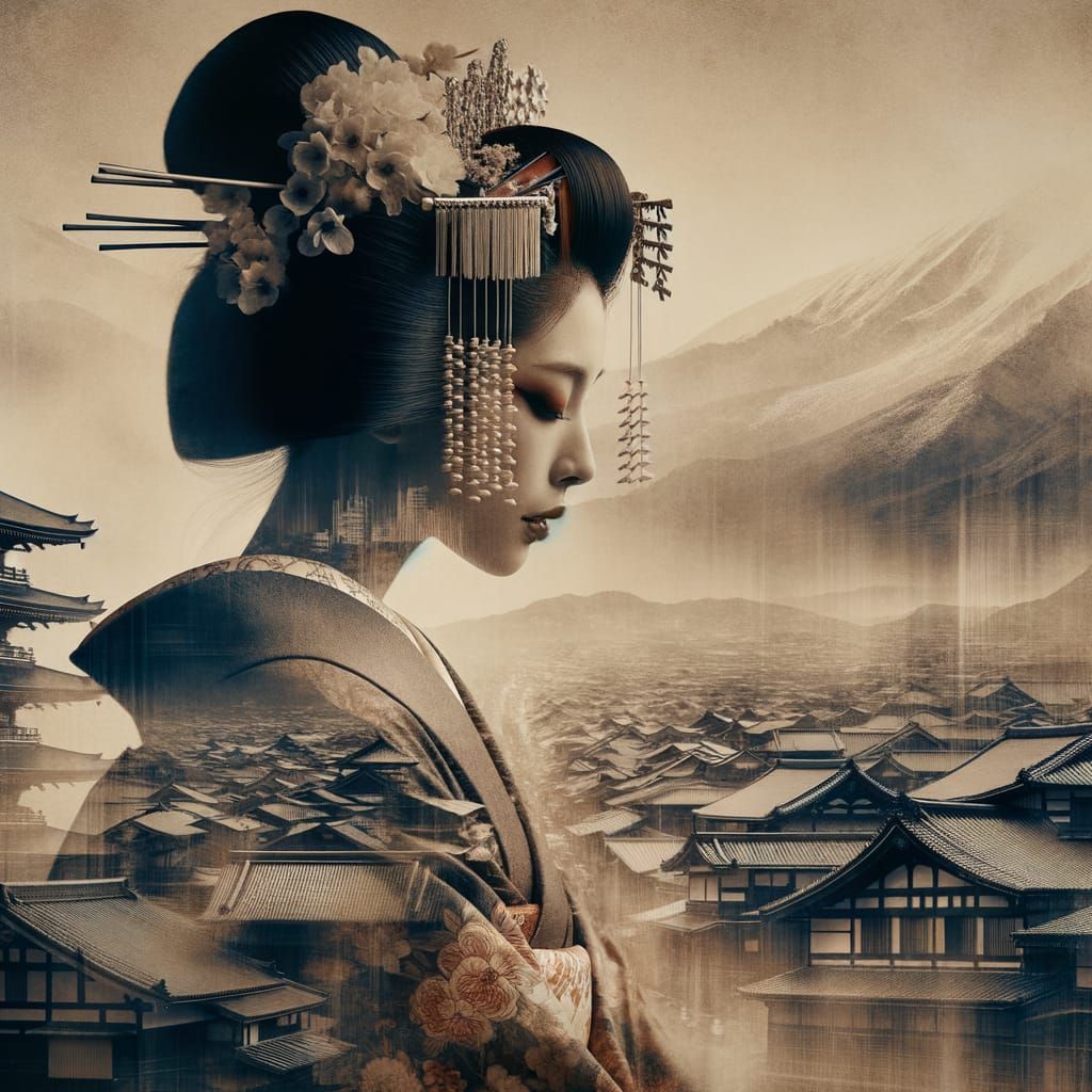Ethereal Geisha in Dreamlike Landscape