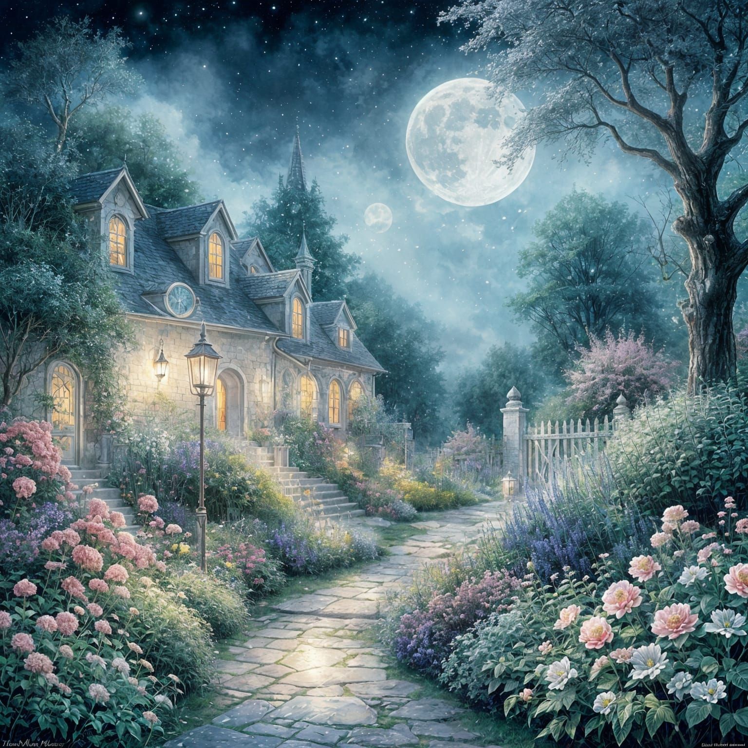 Ethereal Moonlit Hedge in Watercolor Style