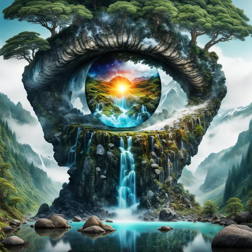 Giant's Tears Form River: Hyperrealistic Double Exposure Art