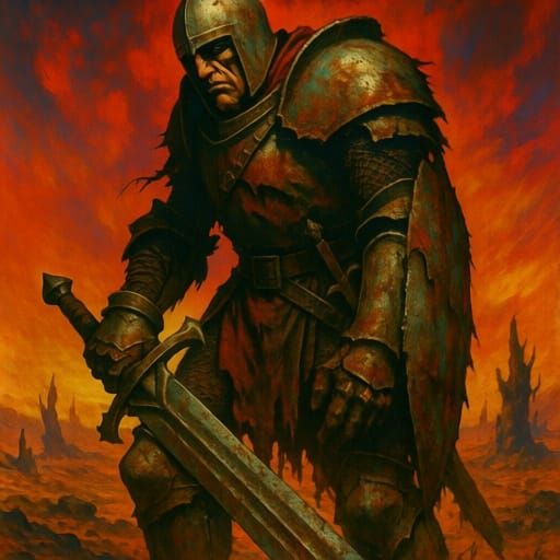 Paladin's Last Stand with Massive Sword in Frazetta Style