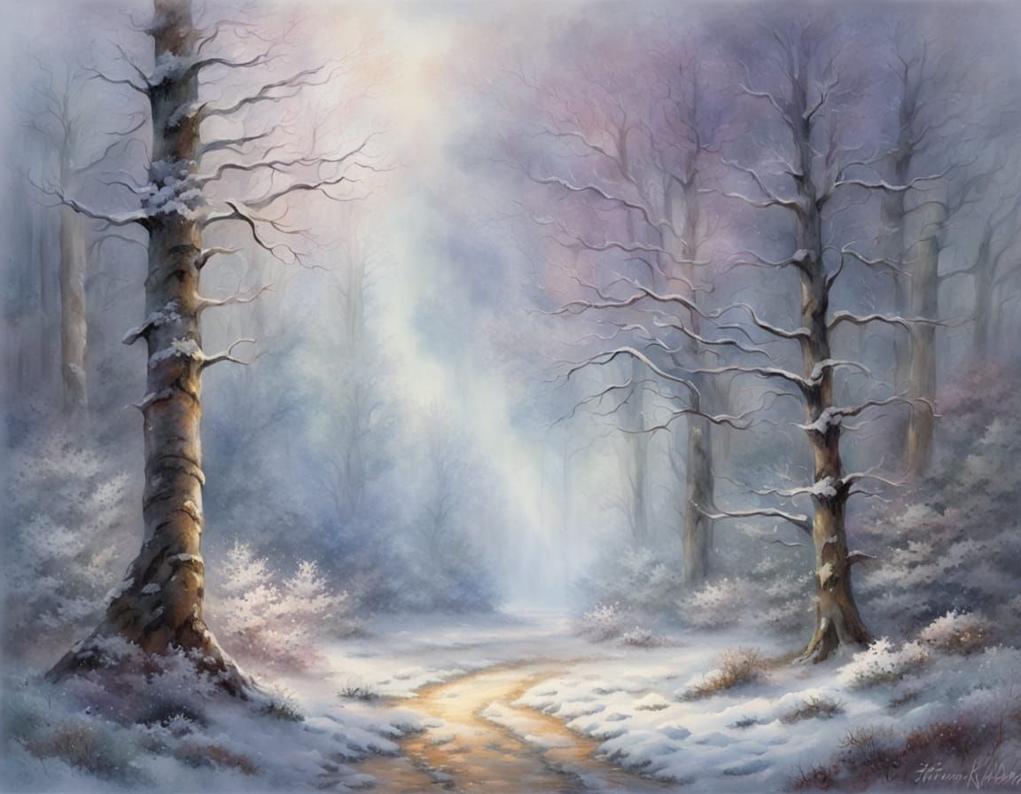 Pastel Winter Forest Scene in Watercolor Style