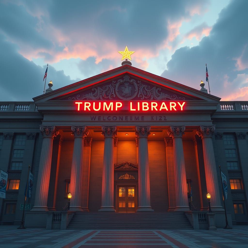 Surreal Greek Trump Library in Neon Glory
