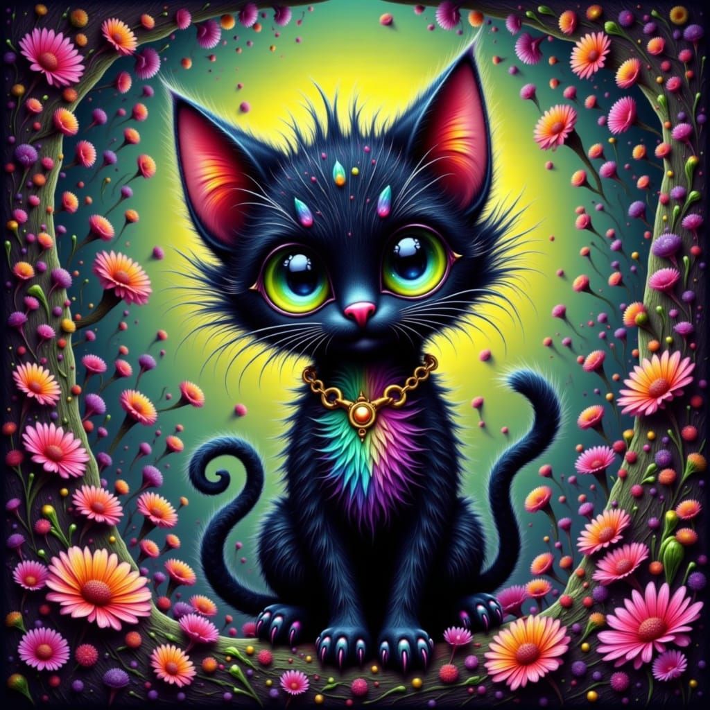 Whimsical Goth Cat in Vibrant Cutecore Style