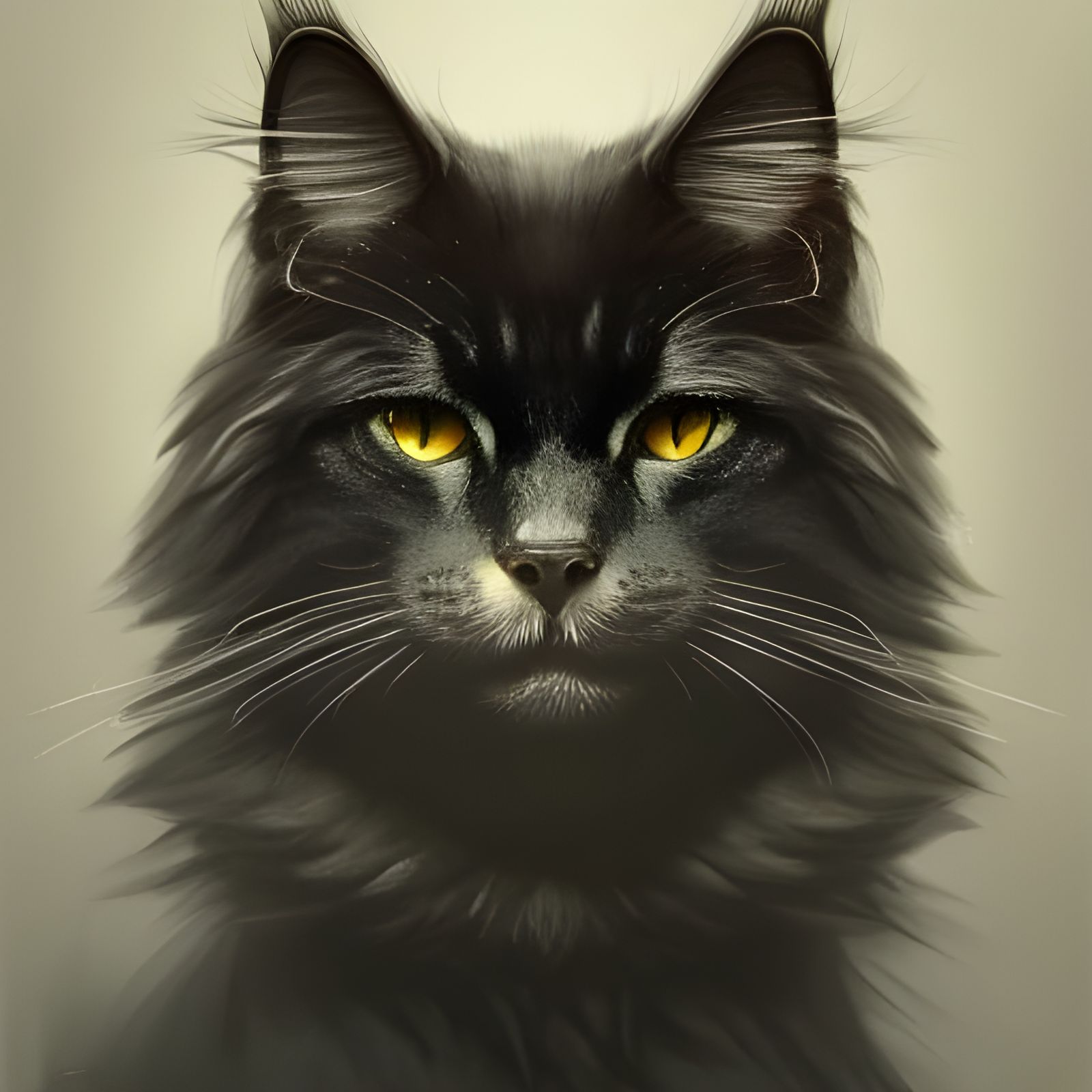 Smiling Black Norwegian Forest Cat Portrait in Digital Art S...